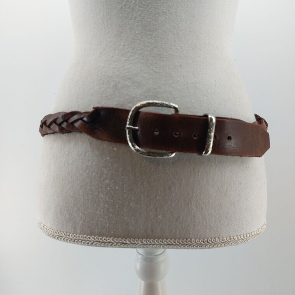 Women's Belt Size 33 Brown Leather Casual Woven Braided Weaved Silver